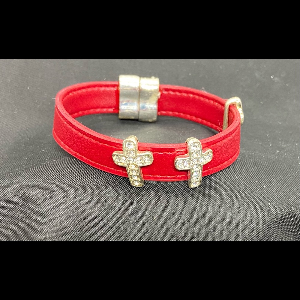 Red Leather Rhinestone Triple Cross Bracelet